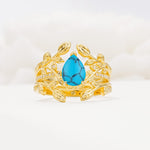 Pear Cut Turquoise Floral Engagement Ring Set - Yellow-Gold