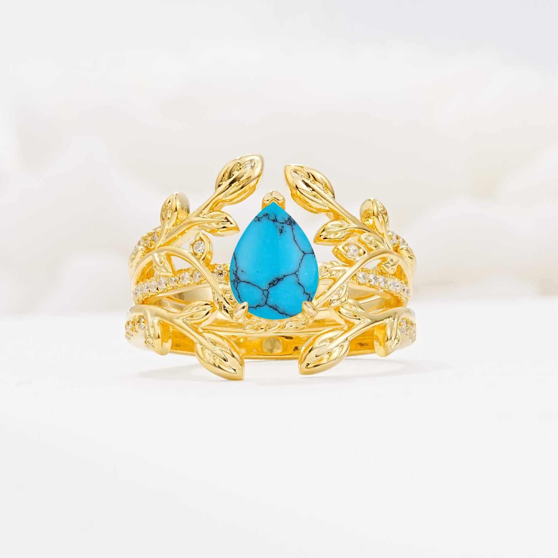 Pear Cut Turquoise Floral Engagement Ring Set - Yellow-Gold