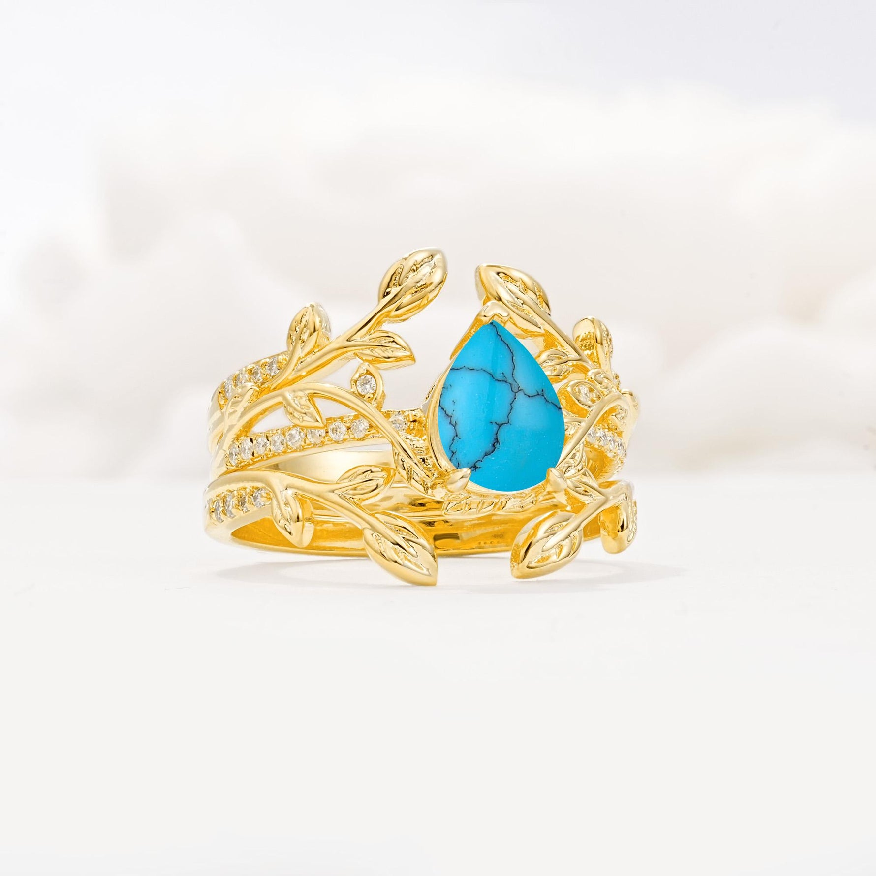 Pear Cut Turquoise Floral Engagement Ring Set - Rose-Gold