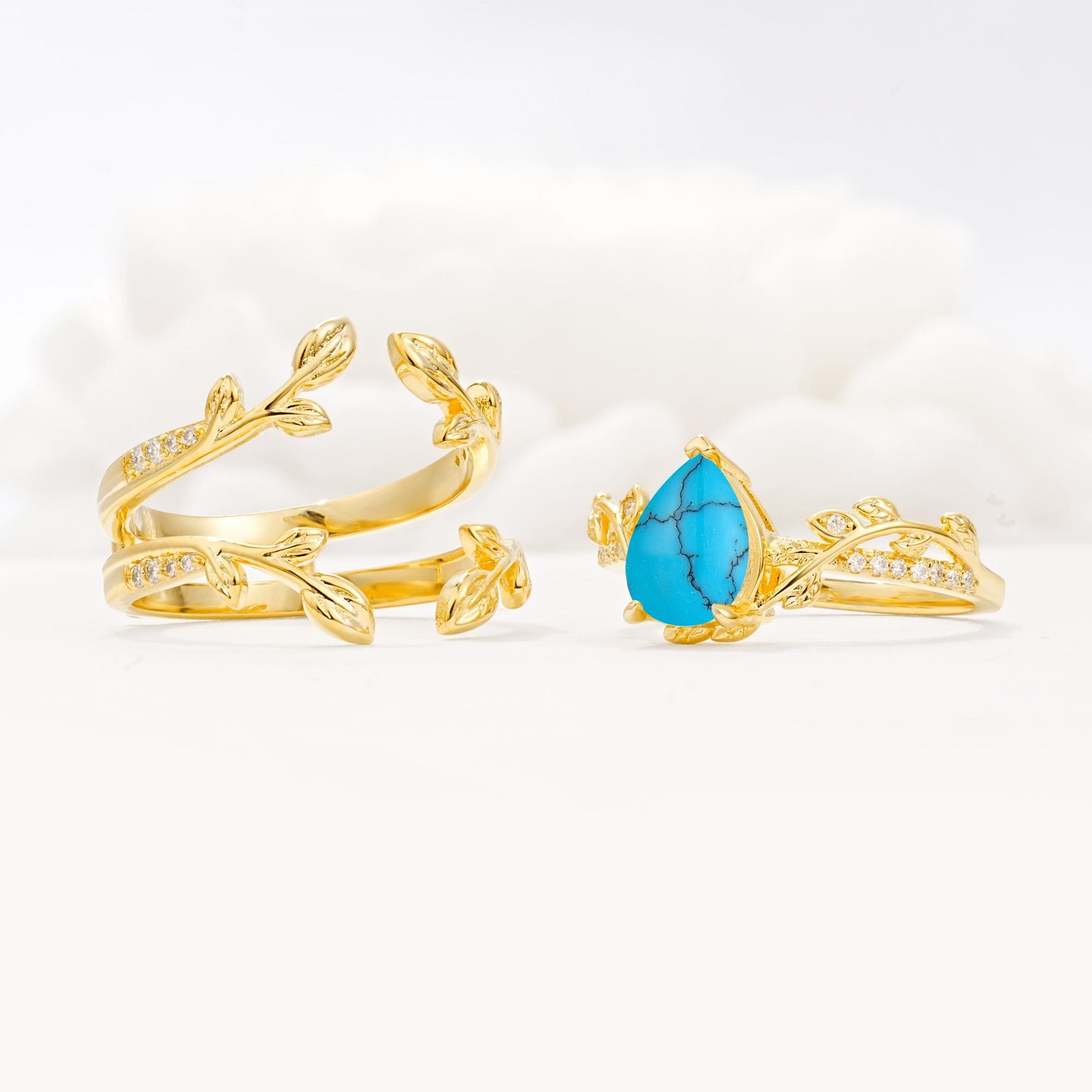 Pear Cut Turquoise Floral Engagement Ring Set - Additional view