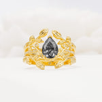 Pear Cut Black Rutilated Quartz Floral Engagement Ring Set - Yellow-Gold
