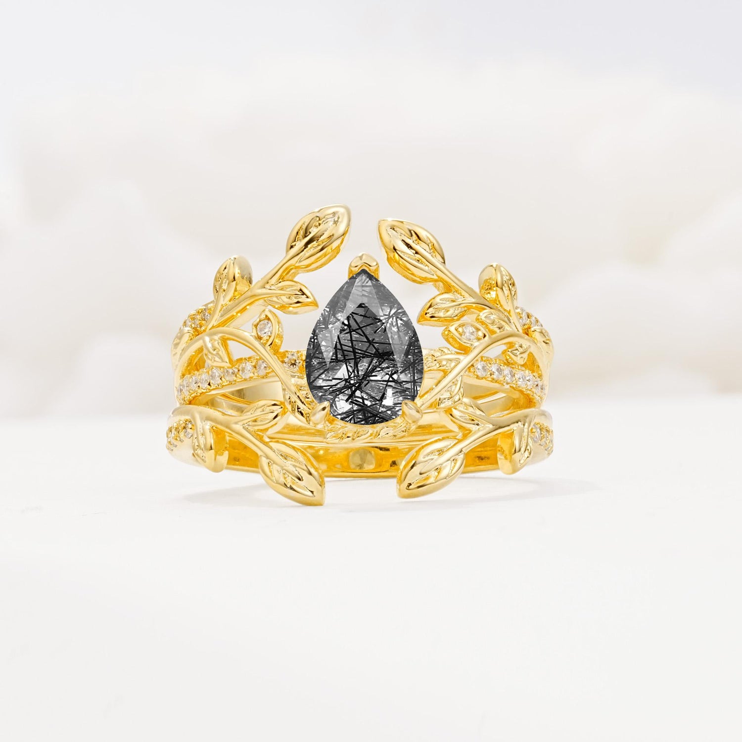 Pear Cut Black Rutilated Quartz Floral Engagement Ring Set - Yellow-Gold