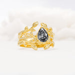 Pear Cut Black Rutilated Quartz Floral Engagement Ring Set - Rose-Gold