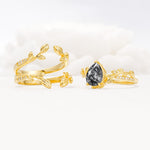 Pear Cut Black Rutilated Quartz Floral Engagement Ring Set - Additional view
