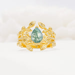 Pear Cut Moss Agate Floral Engagement Ring Set - Yellow-Gold