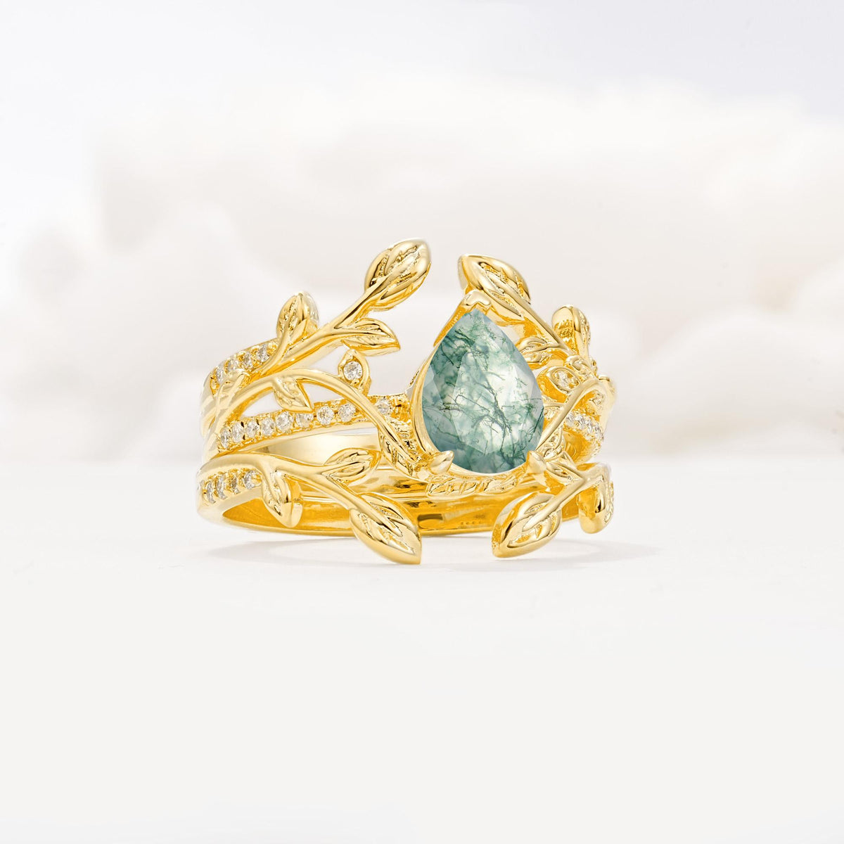 Pear Cut Moss Agate Floral Engagement Ring Set - Rose-Gold