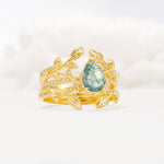 Pear Cut Moss Agate Floral Engagement Ring Set - Rose-Gold