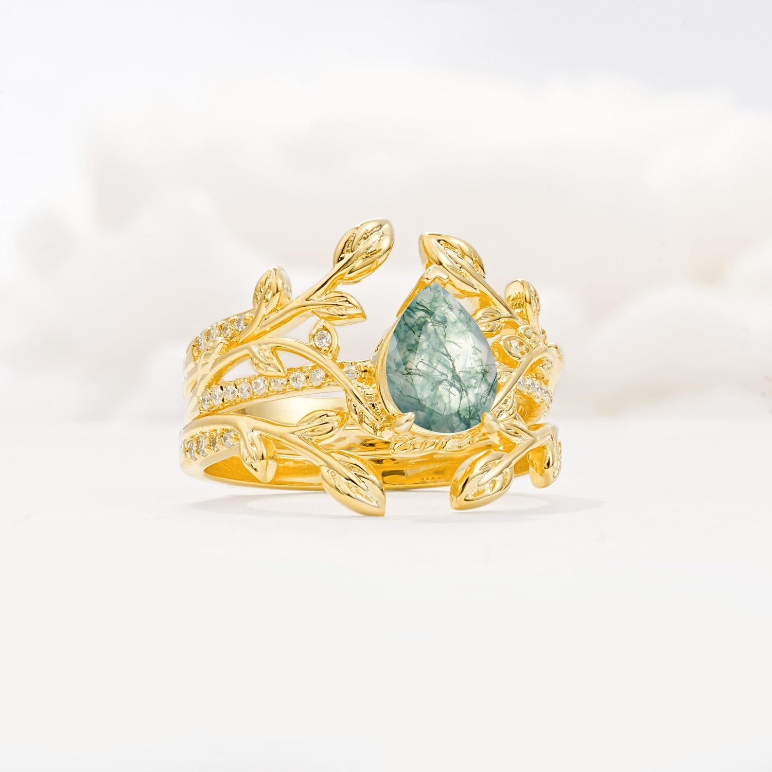 Pear Cut Moss Agate Floral Engagement Ring Set - Rose-Gold