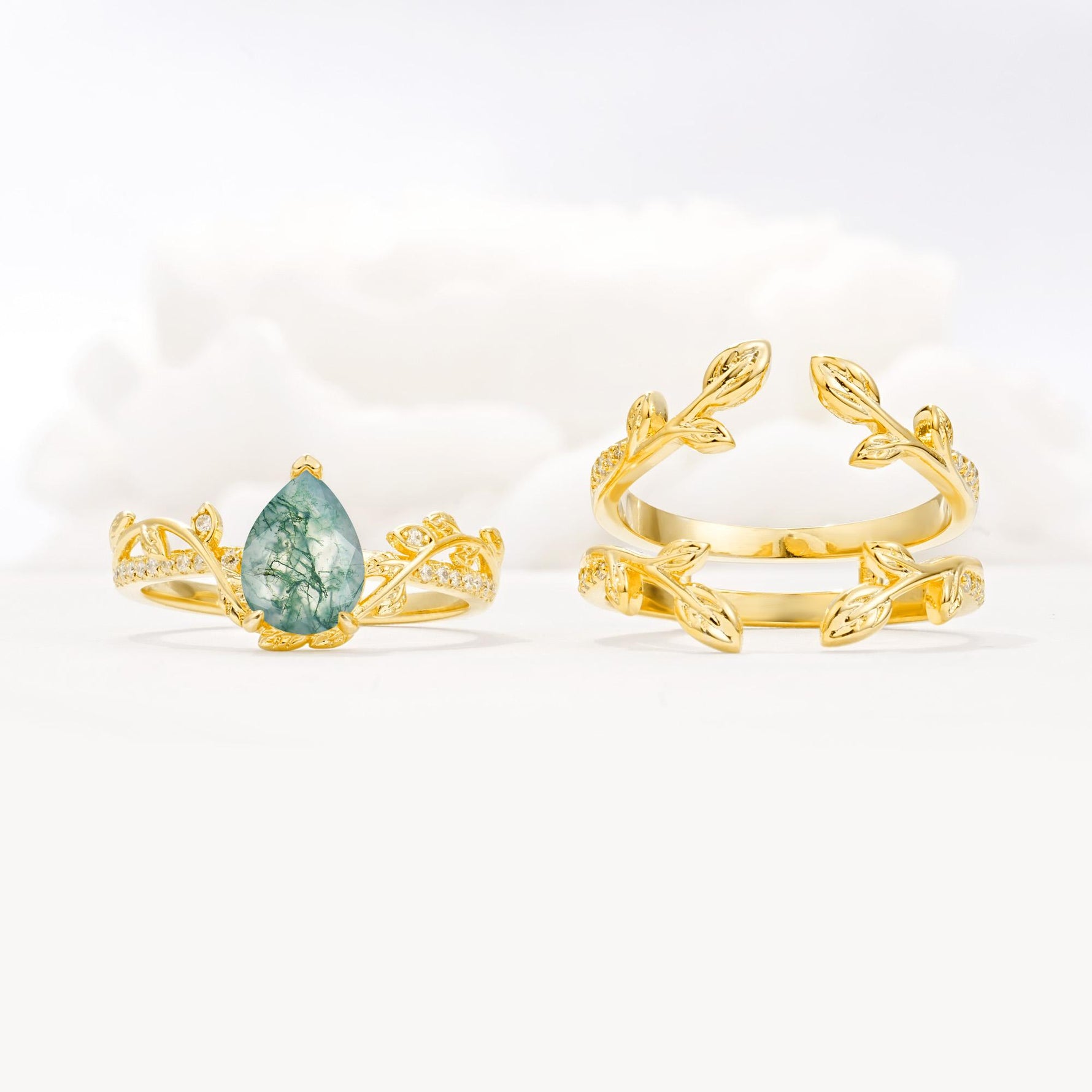 Pear Cut Moss Agate Floral Engagement Ring Set - White-Gold