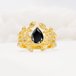 Pear Cut Black Onyx Floral Engagement Ring Set - Yellow-Gold