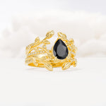 Pear Cut Black Onyx Floral Engagement Ring Set - Rose-Gold