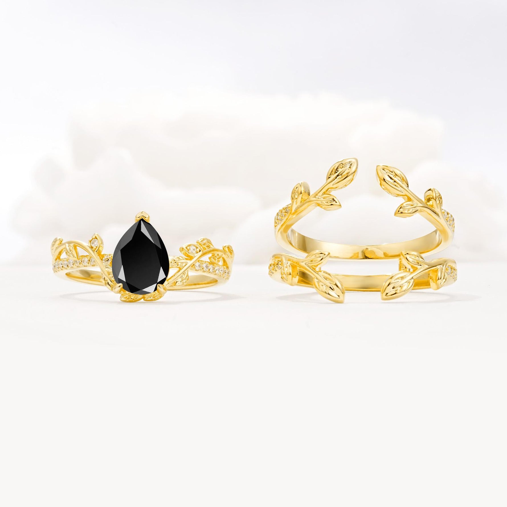 Pear Cut Black Onyx Floral Engagement Ring Set - White-Gold