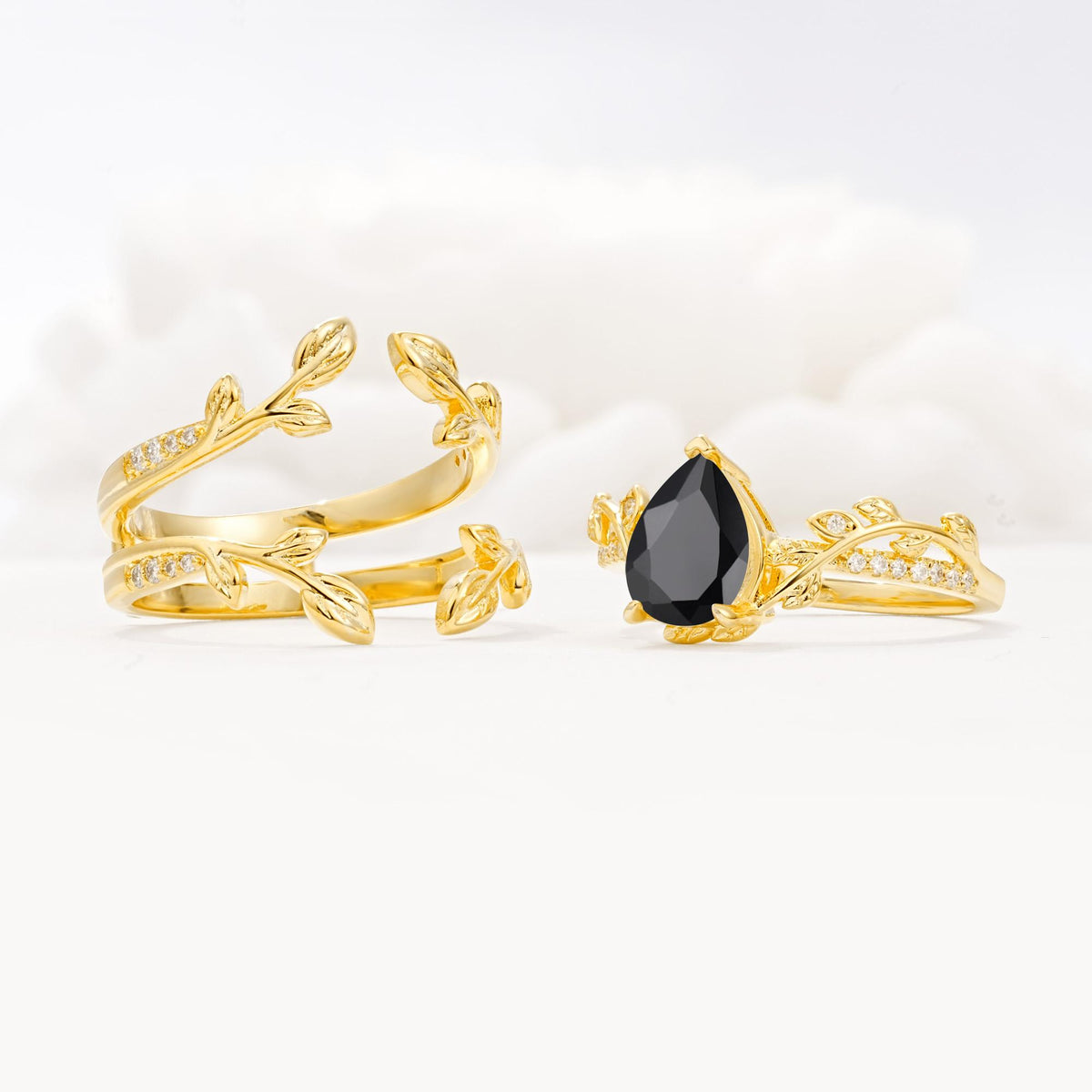 Pear Cut Black Onyx Floral Engagement Ring Set - Additional view