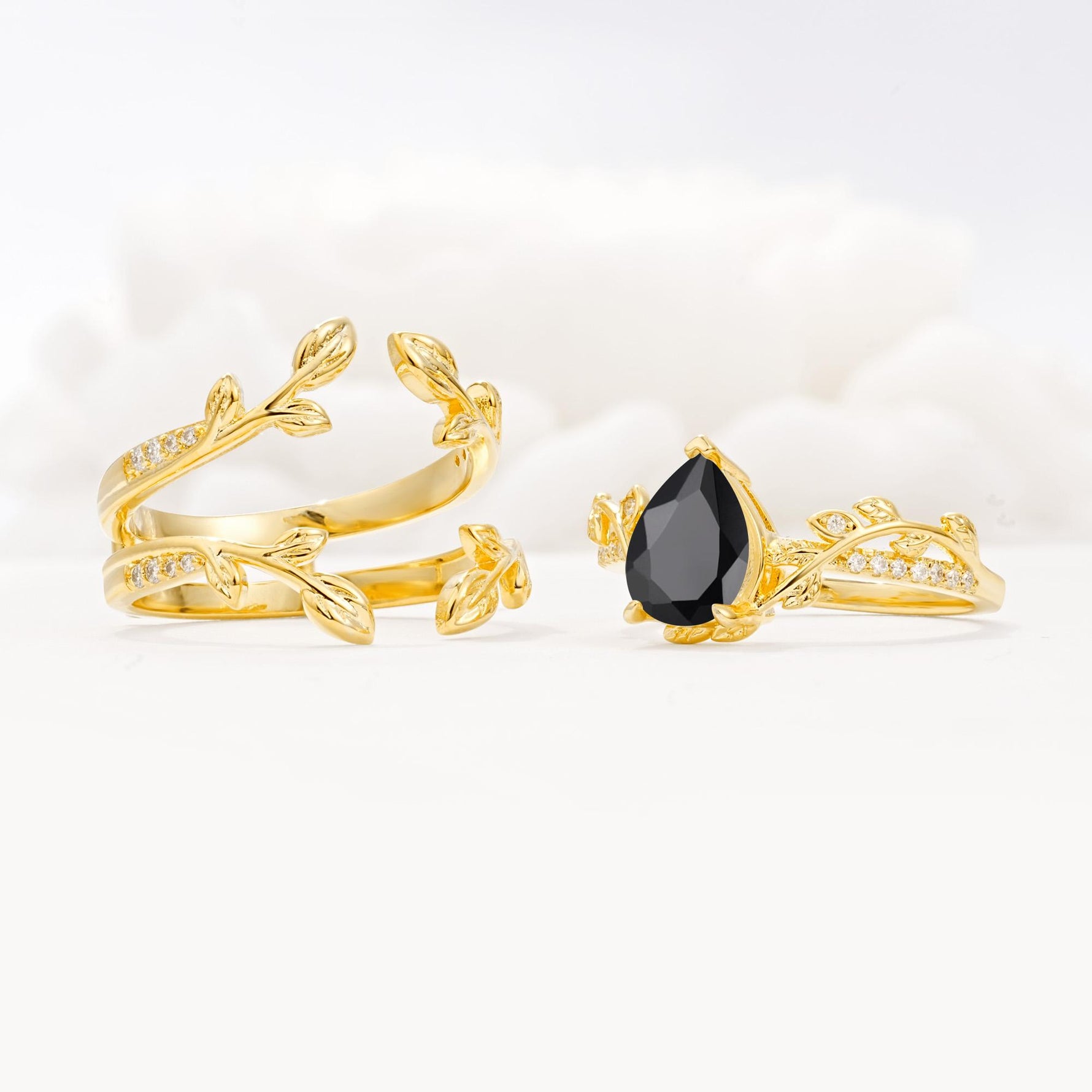 Pear Cut Black Onyx Floral Engagement Ring Set - Additional view