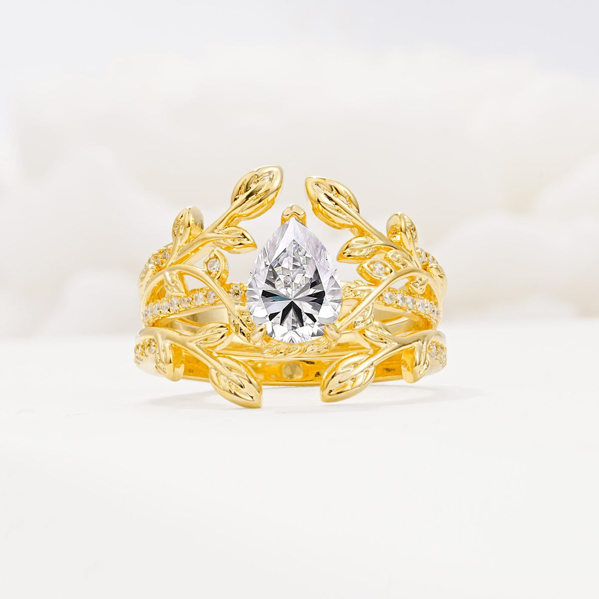 Pear Cut Lab Diamond Floral Engagement Ring Set - Yellow-Gold