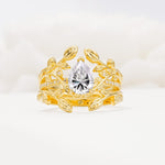 Pear Cut Lab Diamond Floral Engagement Ring Set - Yellow-Gold