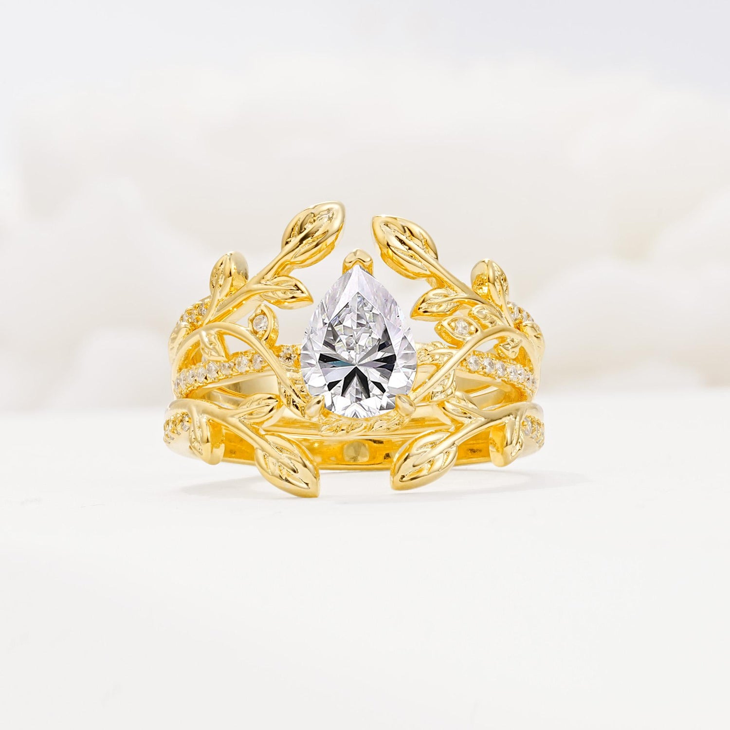 Pear Cut Lab Diamond Floral Engagement Ring Set - Yellow-Gold