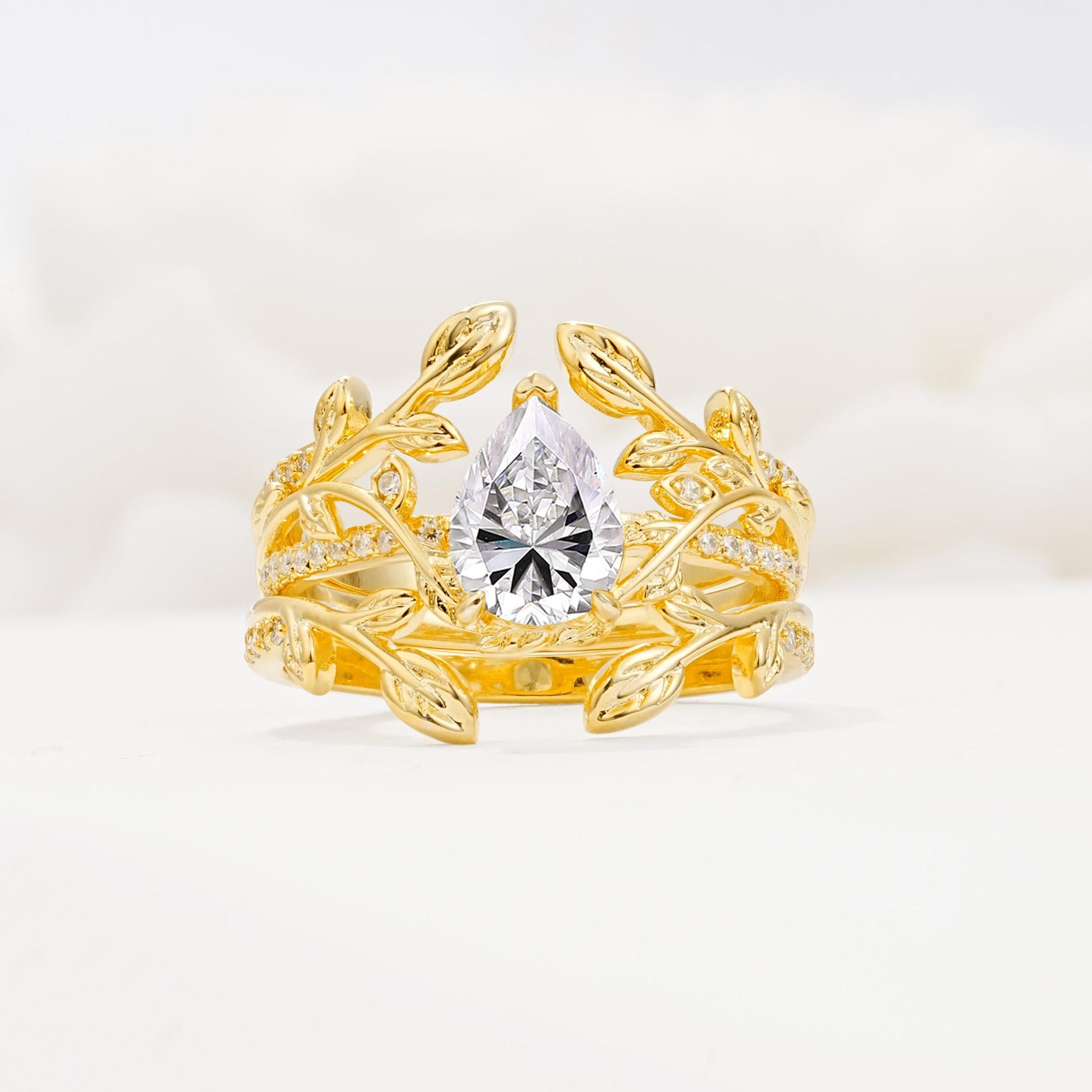 Pear Cut Lab Diamond Floral Engagement Ring Set - Yellow-Gold