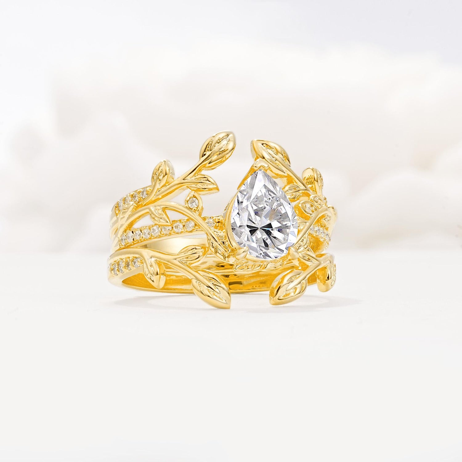 Pear Cut Lab Diamond Floral Engagement Ring Set - Rose-Gold