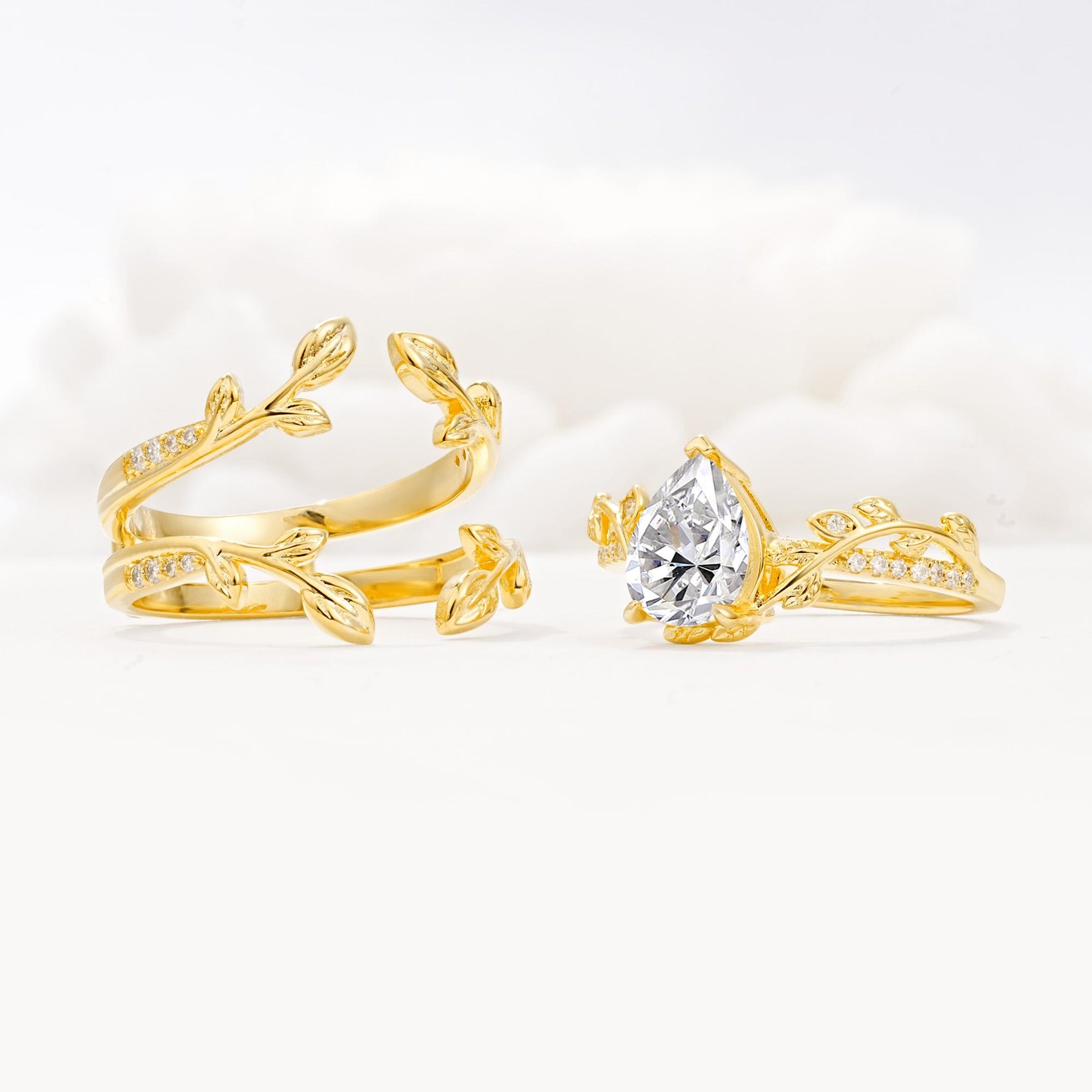 Pear Cut Lab Diamond Floral Engagement Ring Set - Additional view