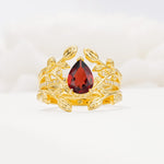 Pear Cut Garnet Floral Engagement Ring Set - Yellow-Gold