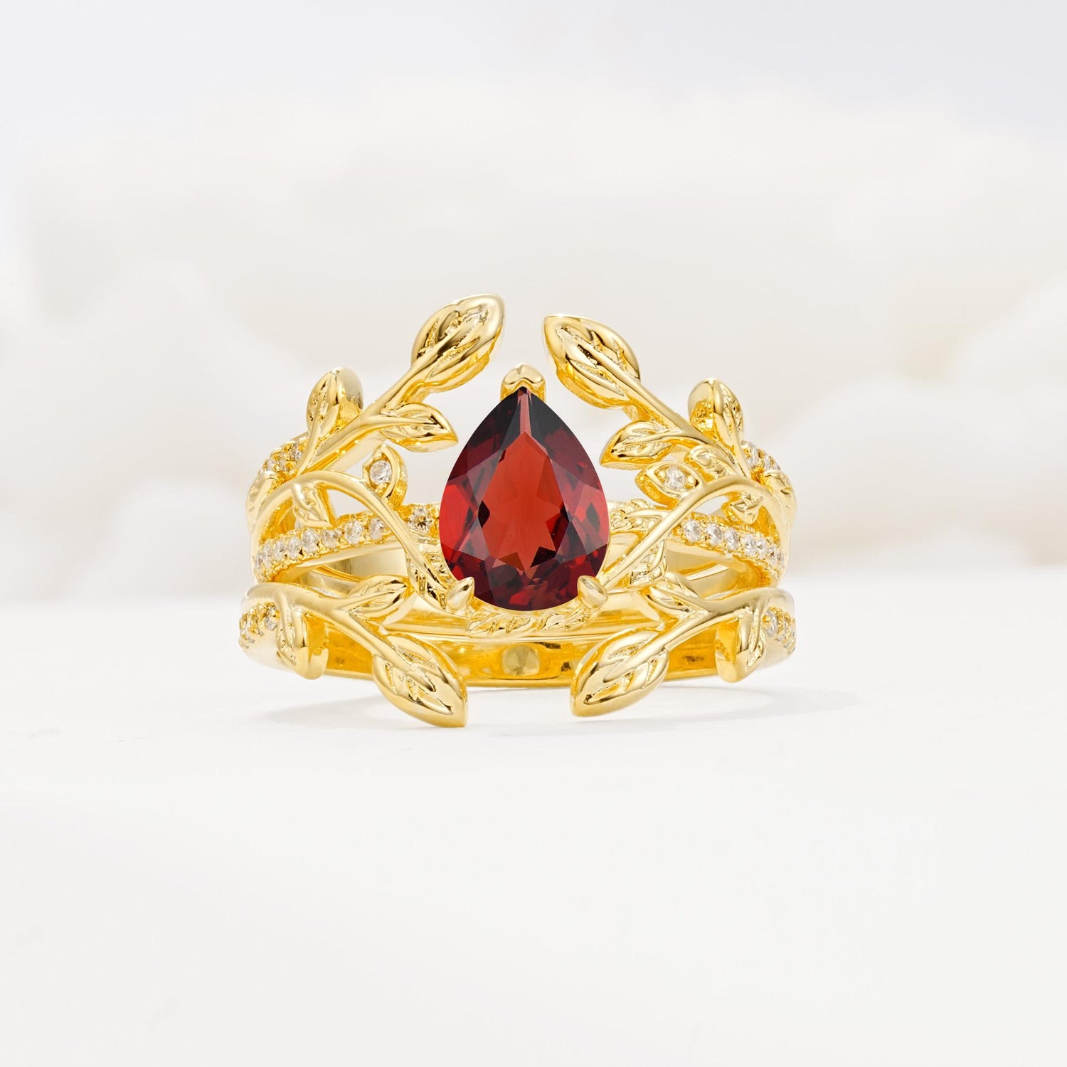 Pear Cut Garnet Floral Engagement Ring Set - Yellow-Gold