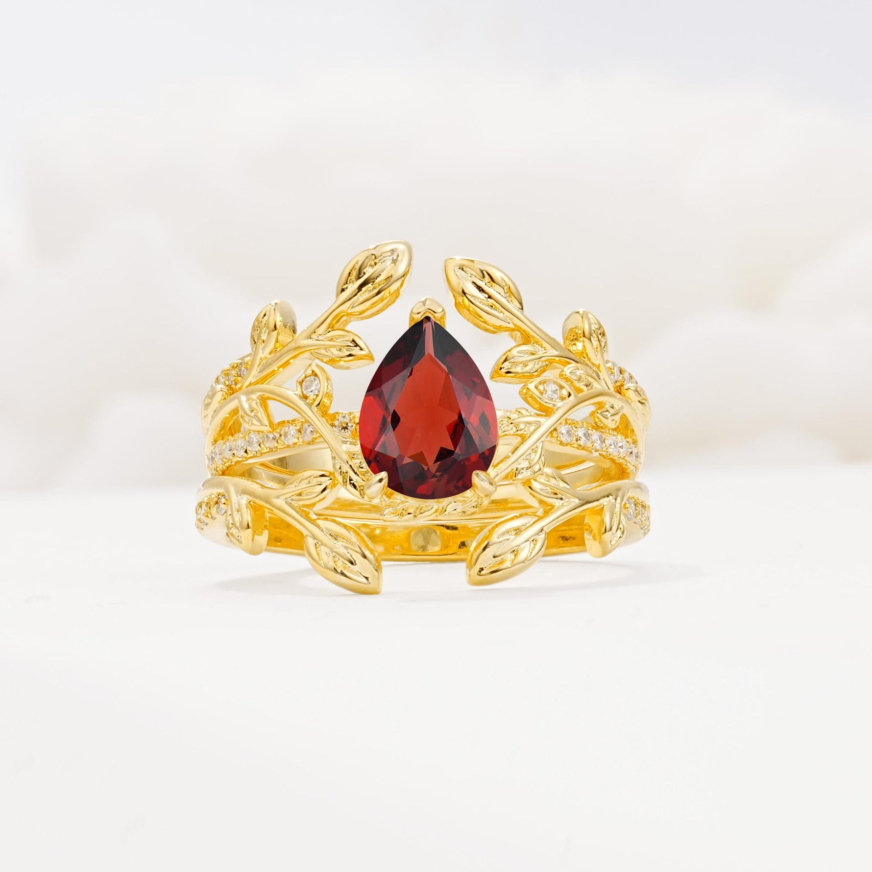 Pear Cut Garnet Floral Engagement Ring Set - Yellow-Gold