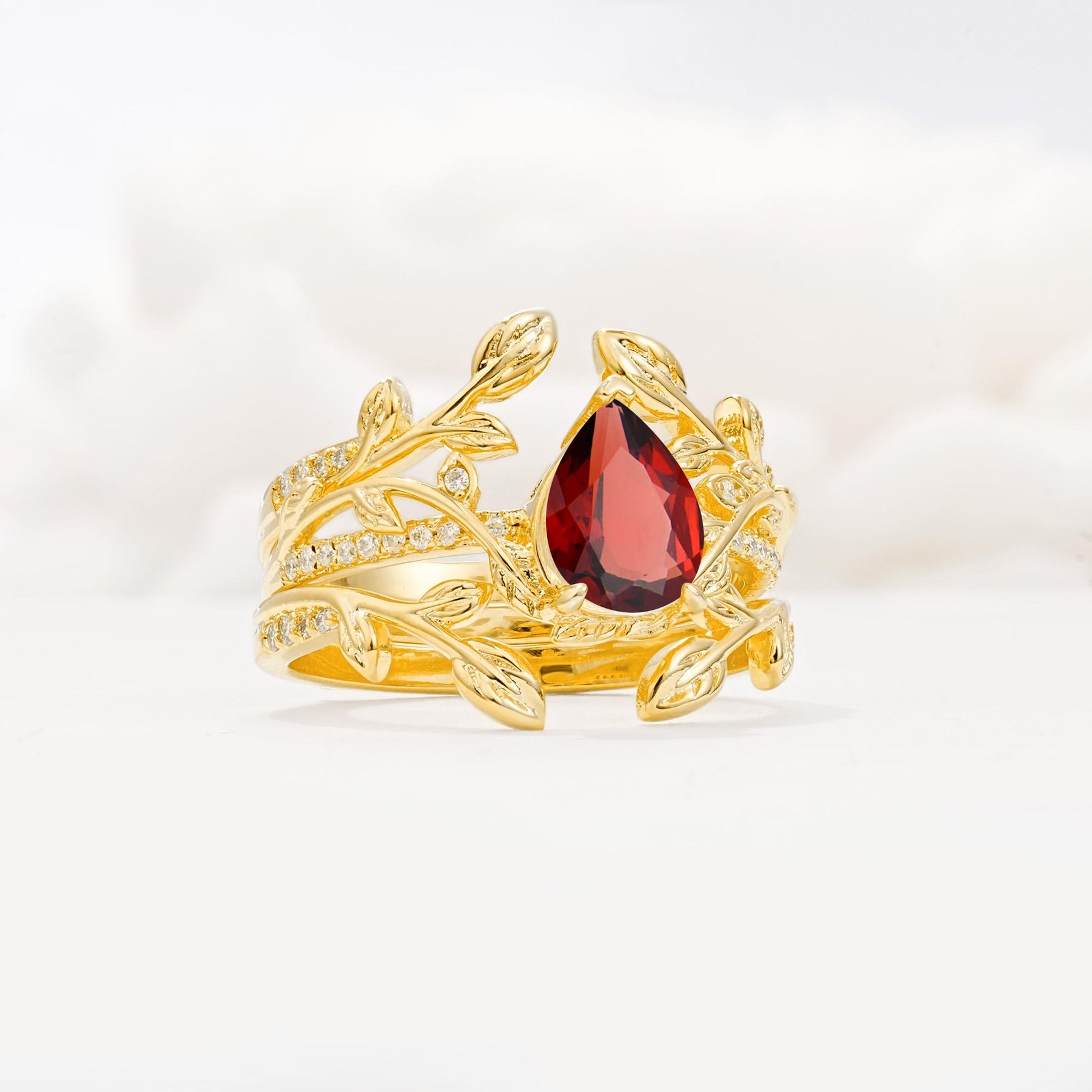 Pear Cut Garnet Floral Engagement Ring Set - Rose-Gold