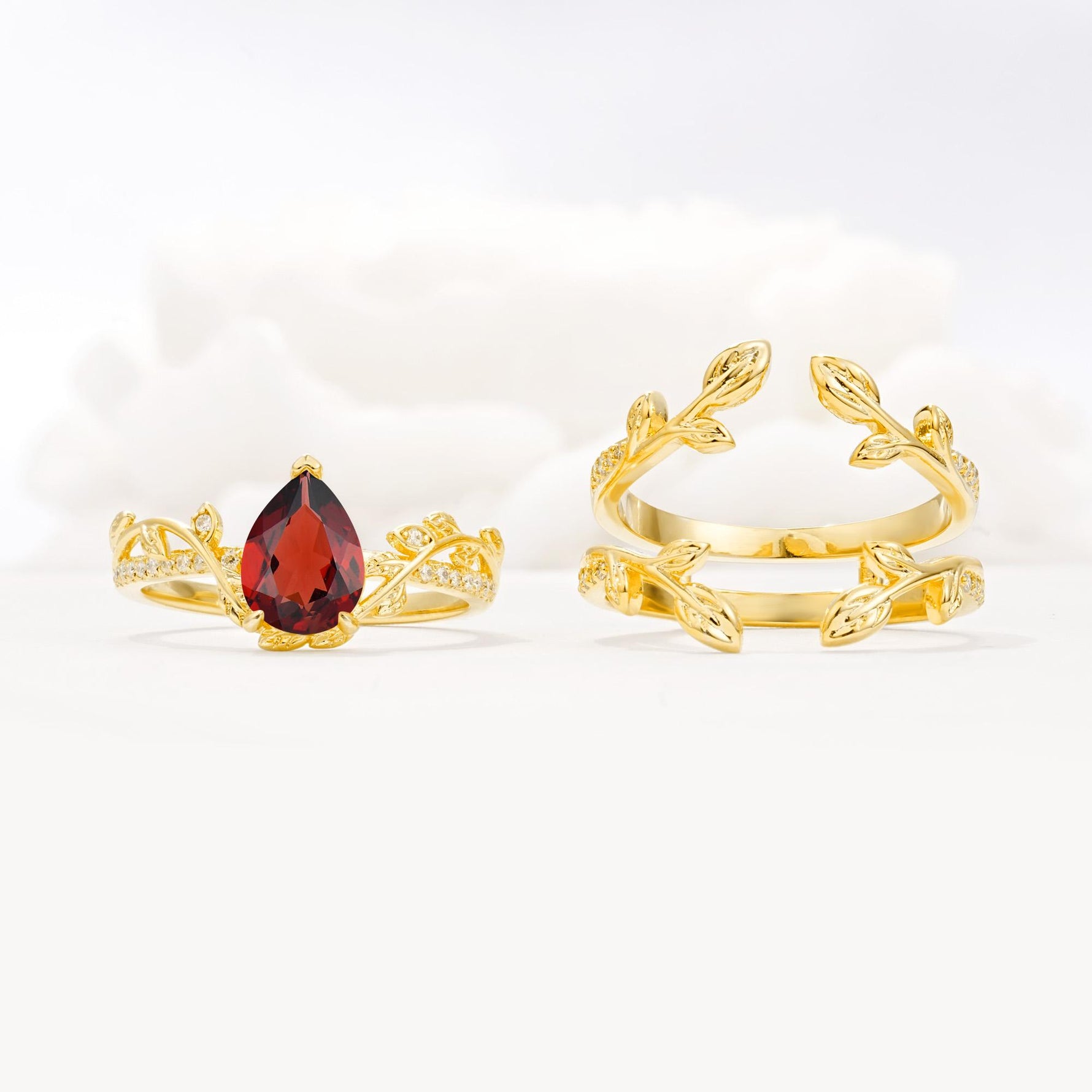 Pear Cut Garnet Floral Engagement Ring Set - White-Gold