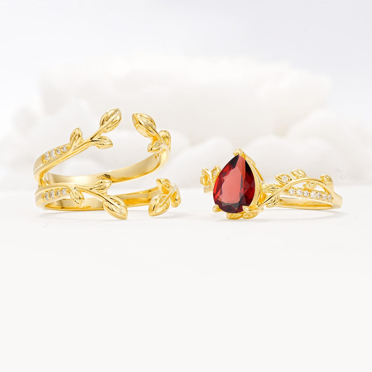 Pear Cut Garnet Floral Engagement Ring Set - Additional view