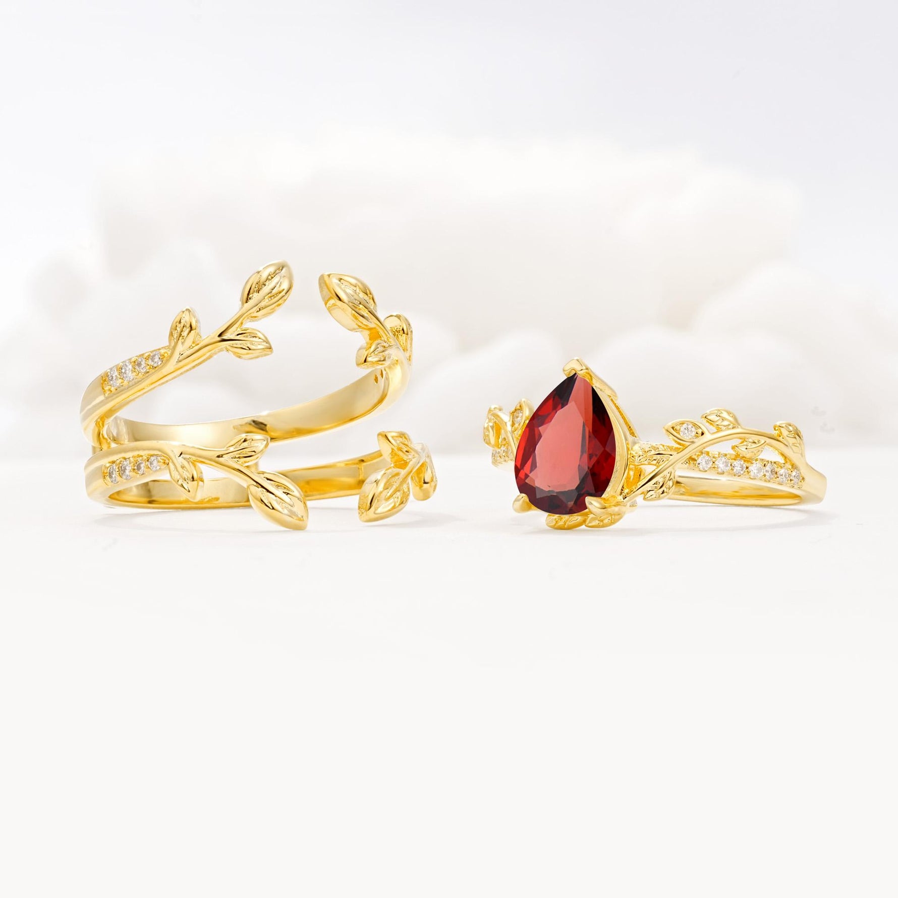 Pear Cut Garnet Floral Engagement Ring Set - Additional view