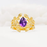 Pear Cut Amethyst Floral Engagement Ring Set - Yellow-Gold