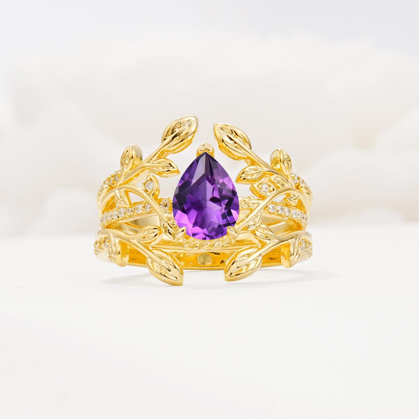 Pear Cut Amethyst Floral Engagement Ring Set - Yellow-Gold