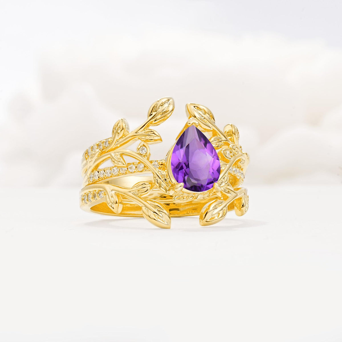 Pear Cut Amethyst Floral Engagement Ring Set - Rose-Gold