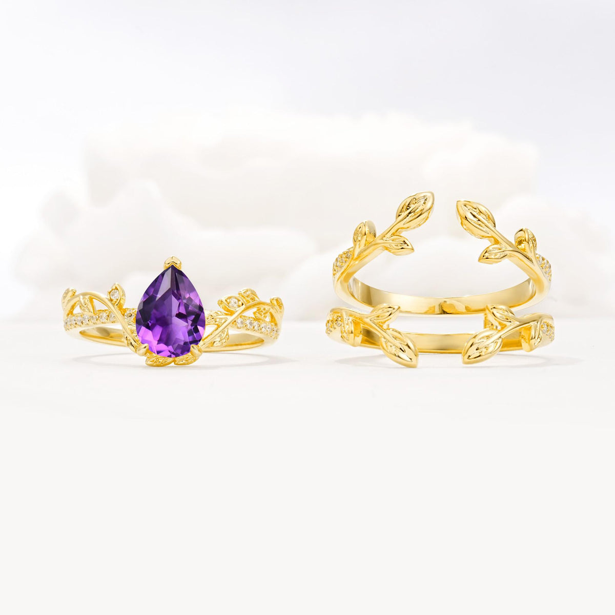 Pear Cut Amethyst Floral Engagement Ring Set - White-Gold