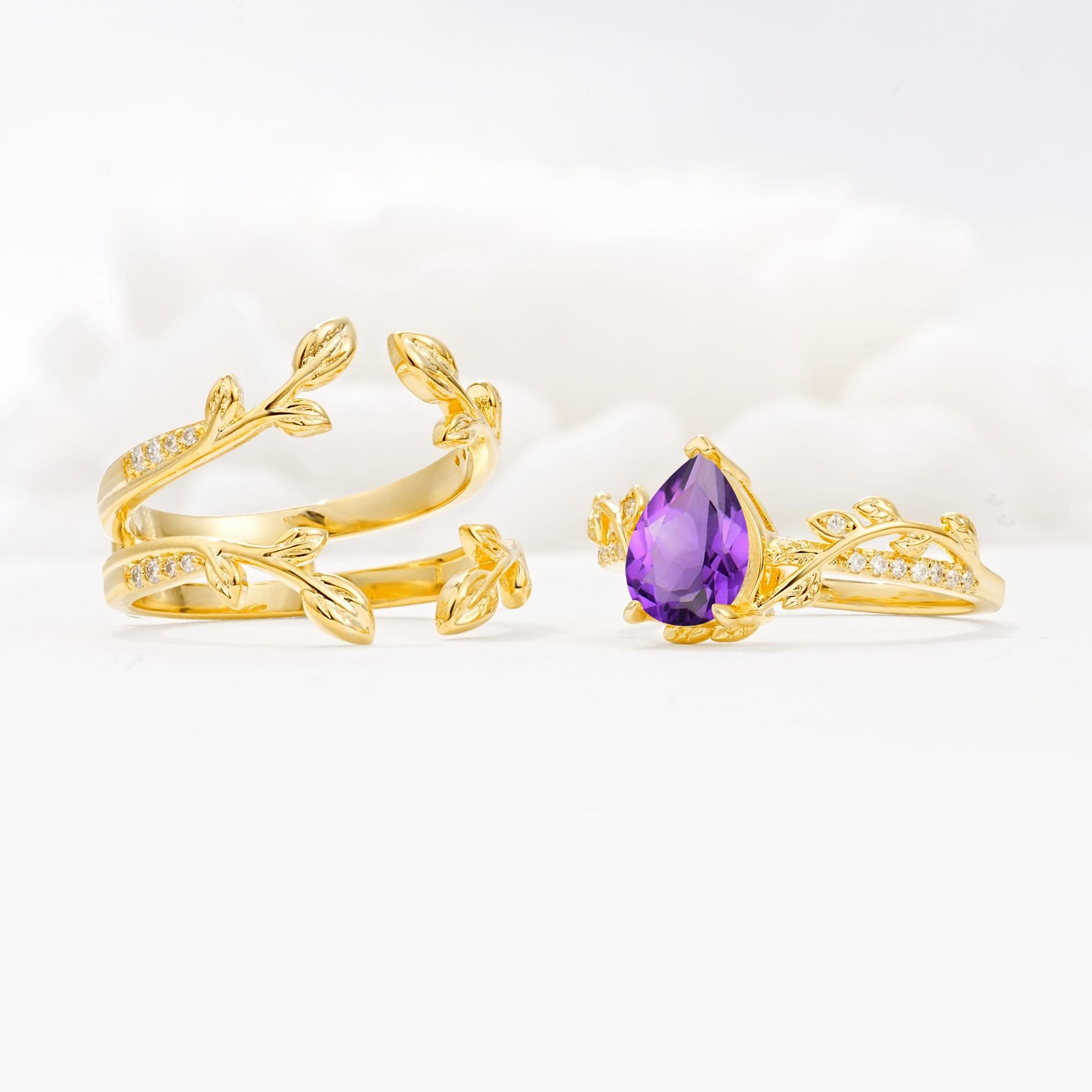 Pear Cut Amethyst Floral Engagement Ring Set - Additional view