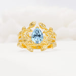 Pear Cut Aquamarine Floral Engagement Ring Set - Yellow-Gold