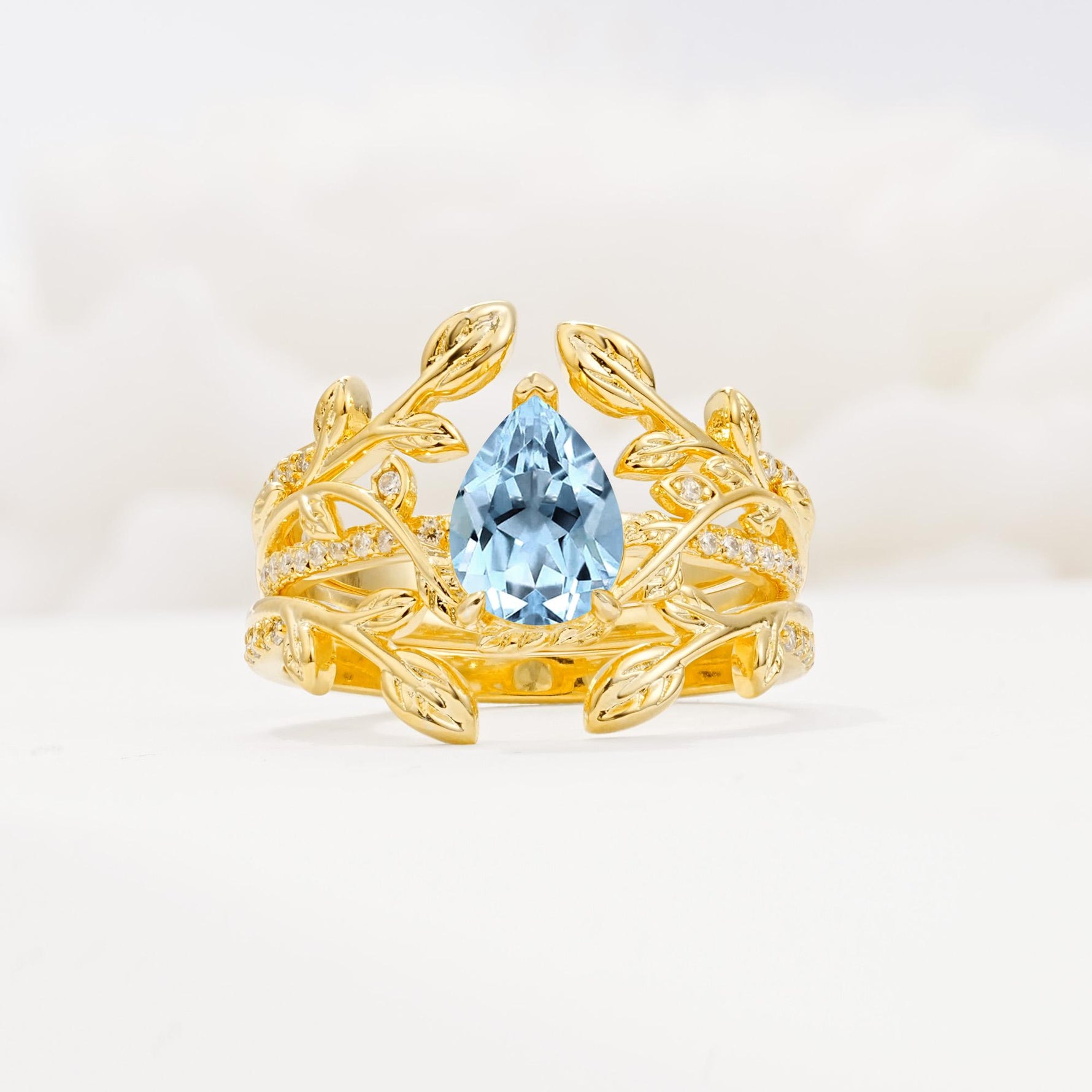 Pear Cut Aquamarine Floral Engagement Ring Set - Yellow-Gold
