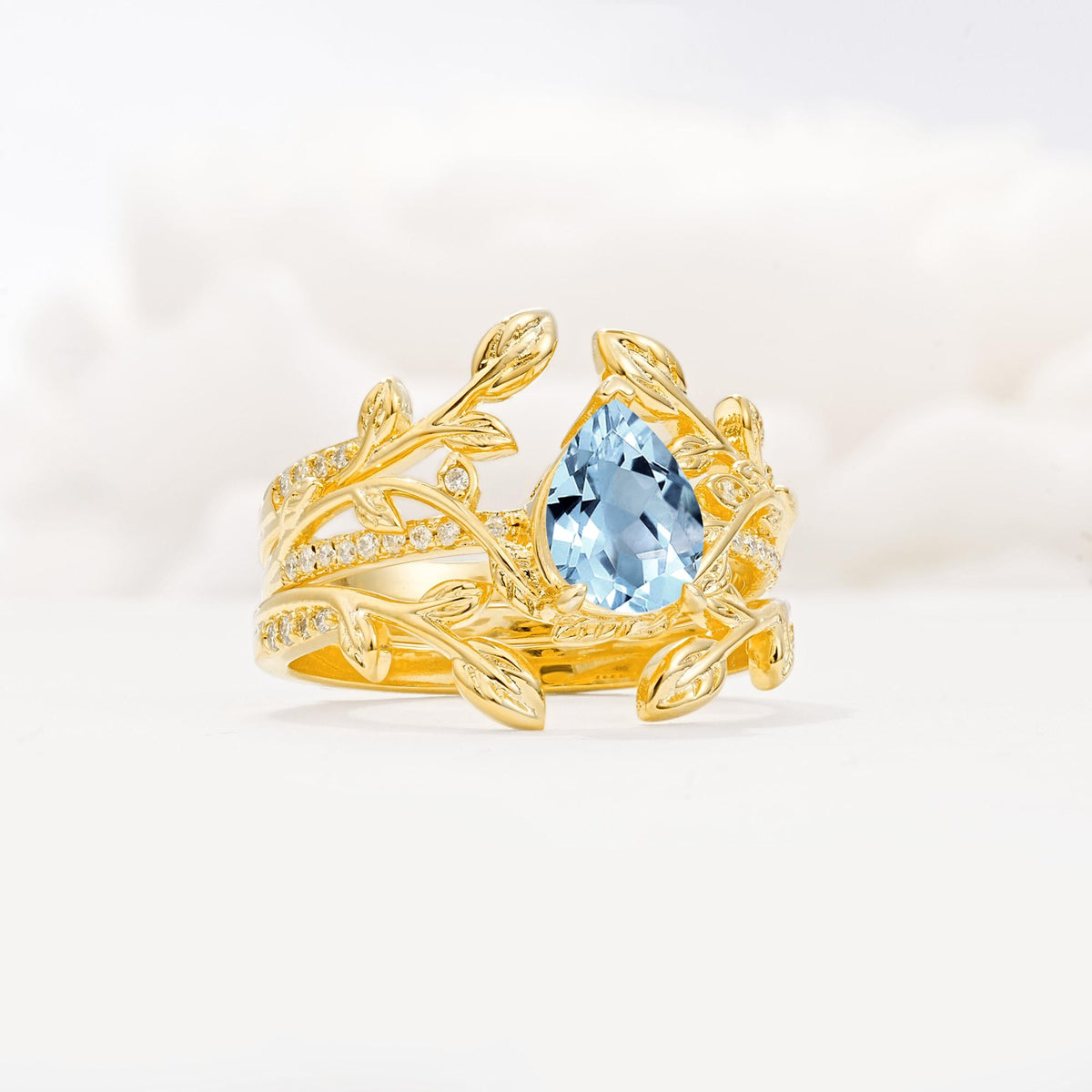 Pear Cut Aquamarine Floral Engagement Ring Set - Rose-Gold