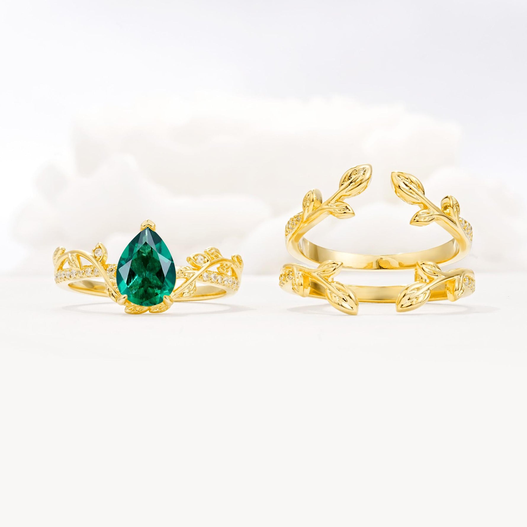 Pear Cut Emerald Floral Engagement Ring Set - White-Gold