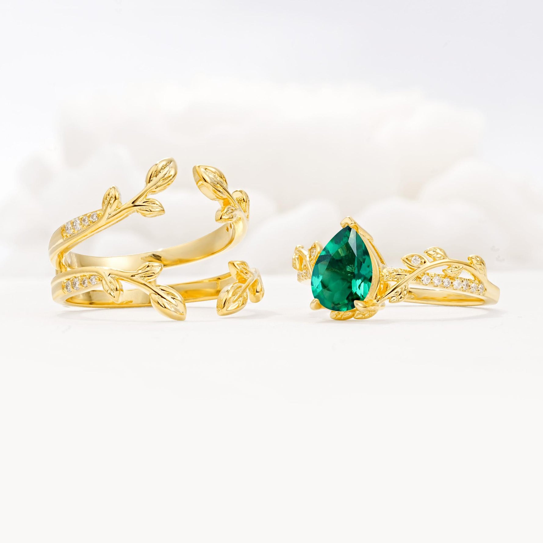Pear Cut Emerald Floral Engagement Ring Set - Additional view