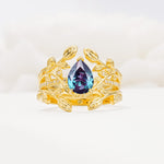 Pear Cut Alexandrite Floral Engagement Ring Set - Yellow-Gold
