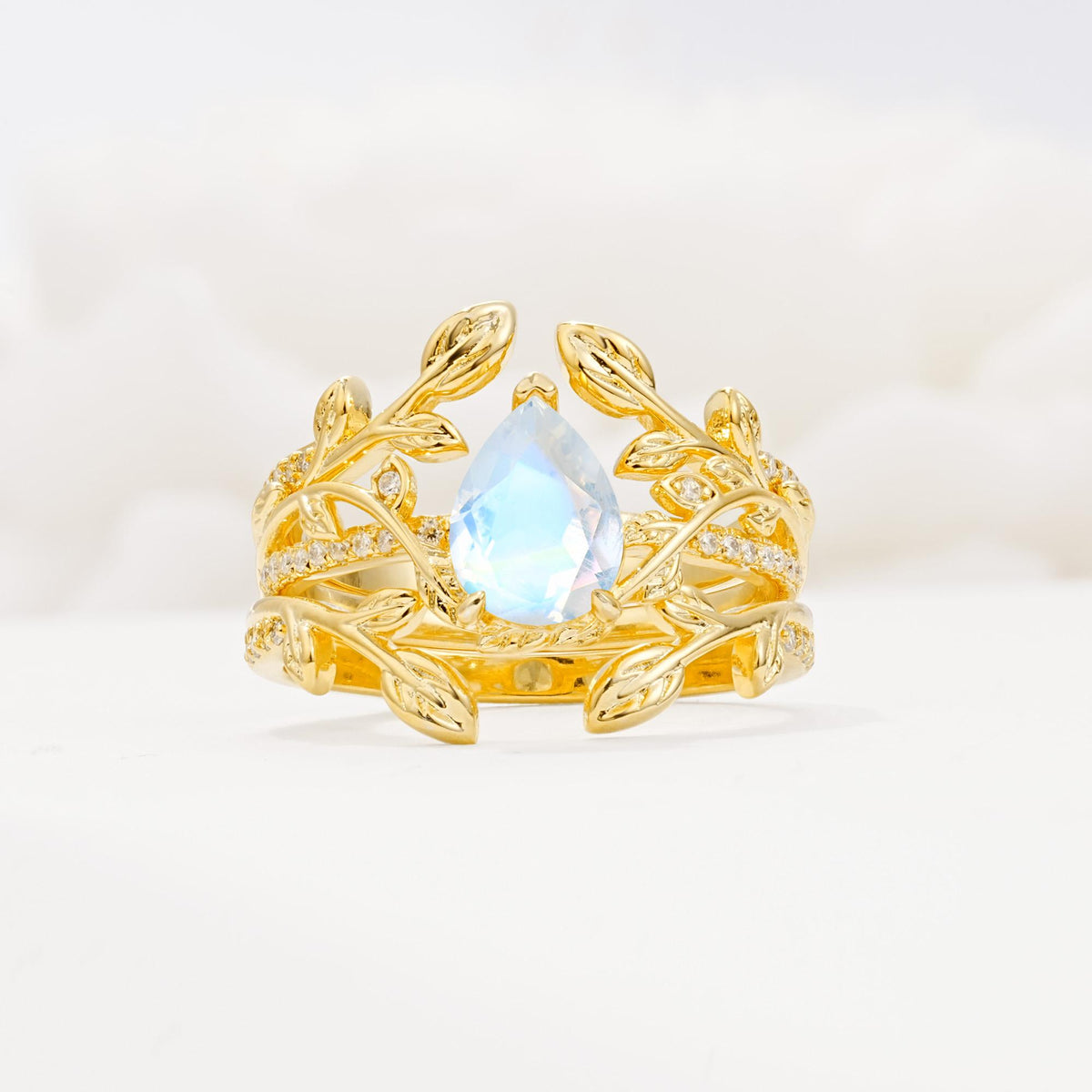 Pear Cut Moonstone Floral Engagement Ring Set - Yellow-Gold