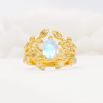 Pear Cut Moonstone Floral Engagement Ring Set - Yellow-Gold
