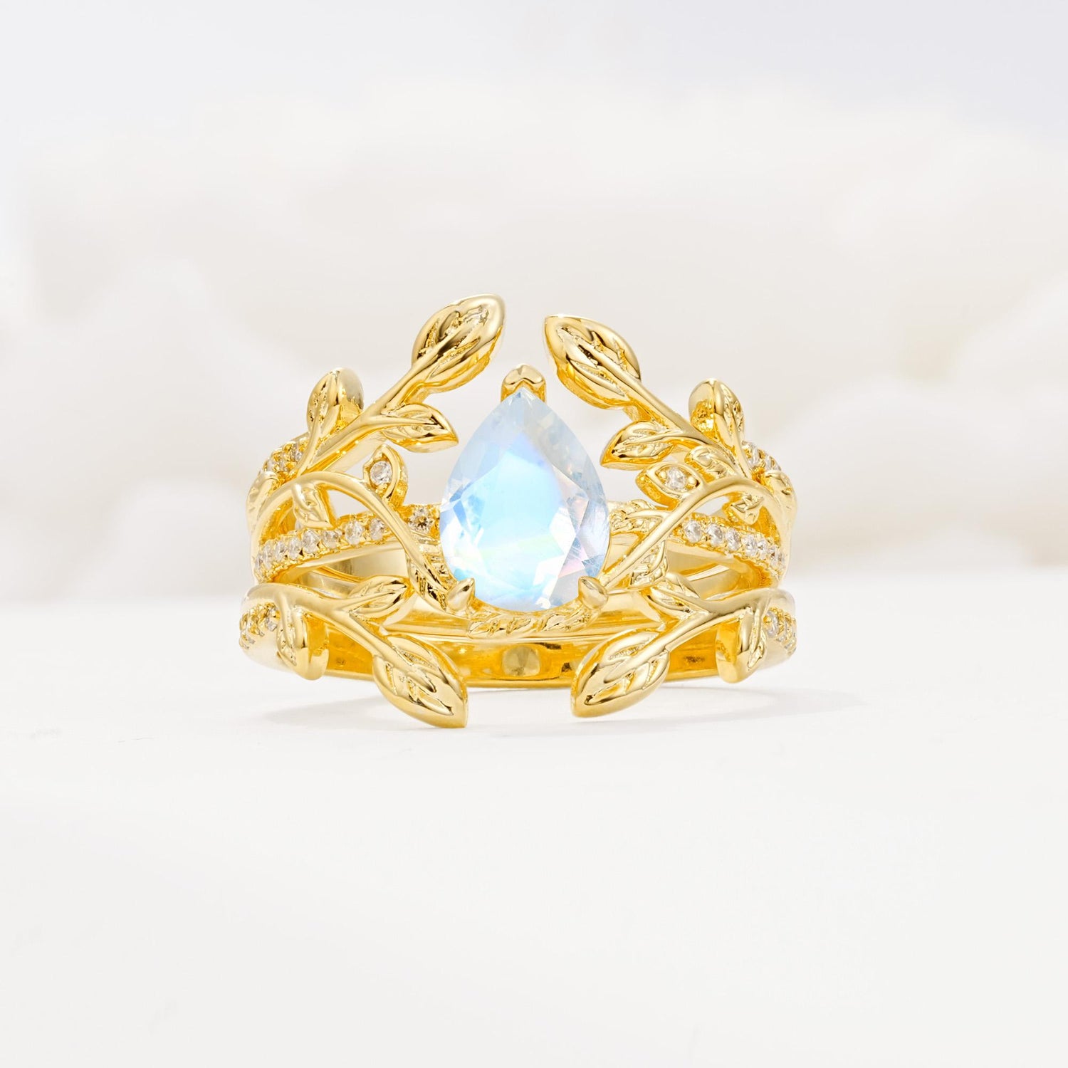 Pear Cut Moonstone Floral Engagement Ring Set - Yellow-Gold
