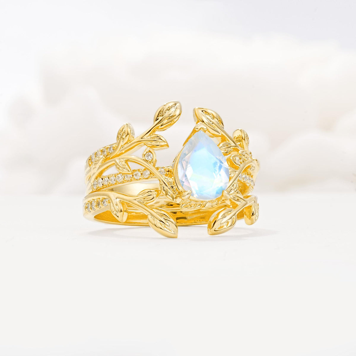Pear Cut Moonstone Floral Engagement Ring Set - Rose-Gold
