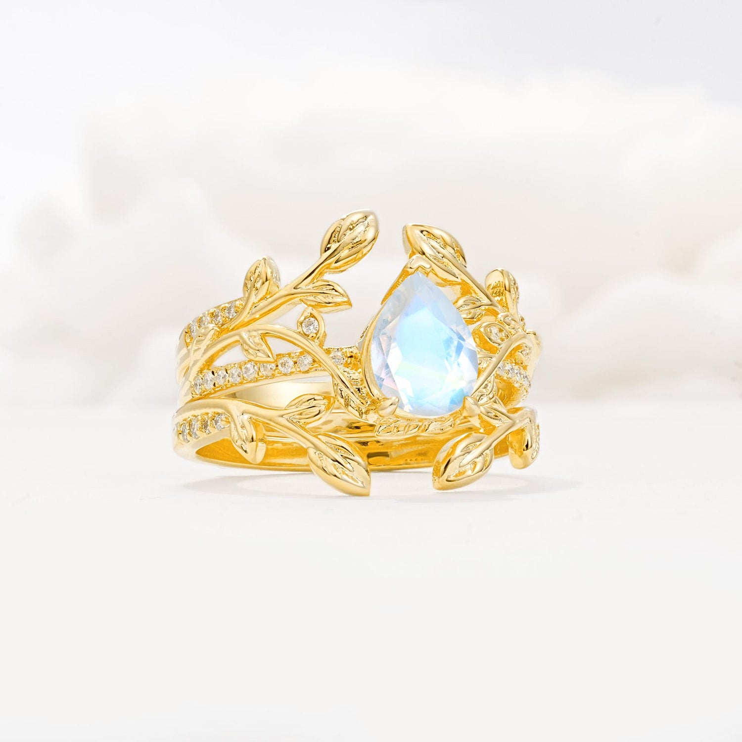Pear Cut Moonstone Floral Engagement Ring Set - Rose-Gold