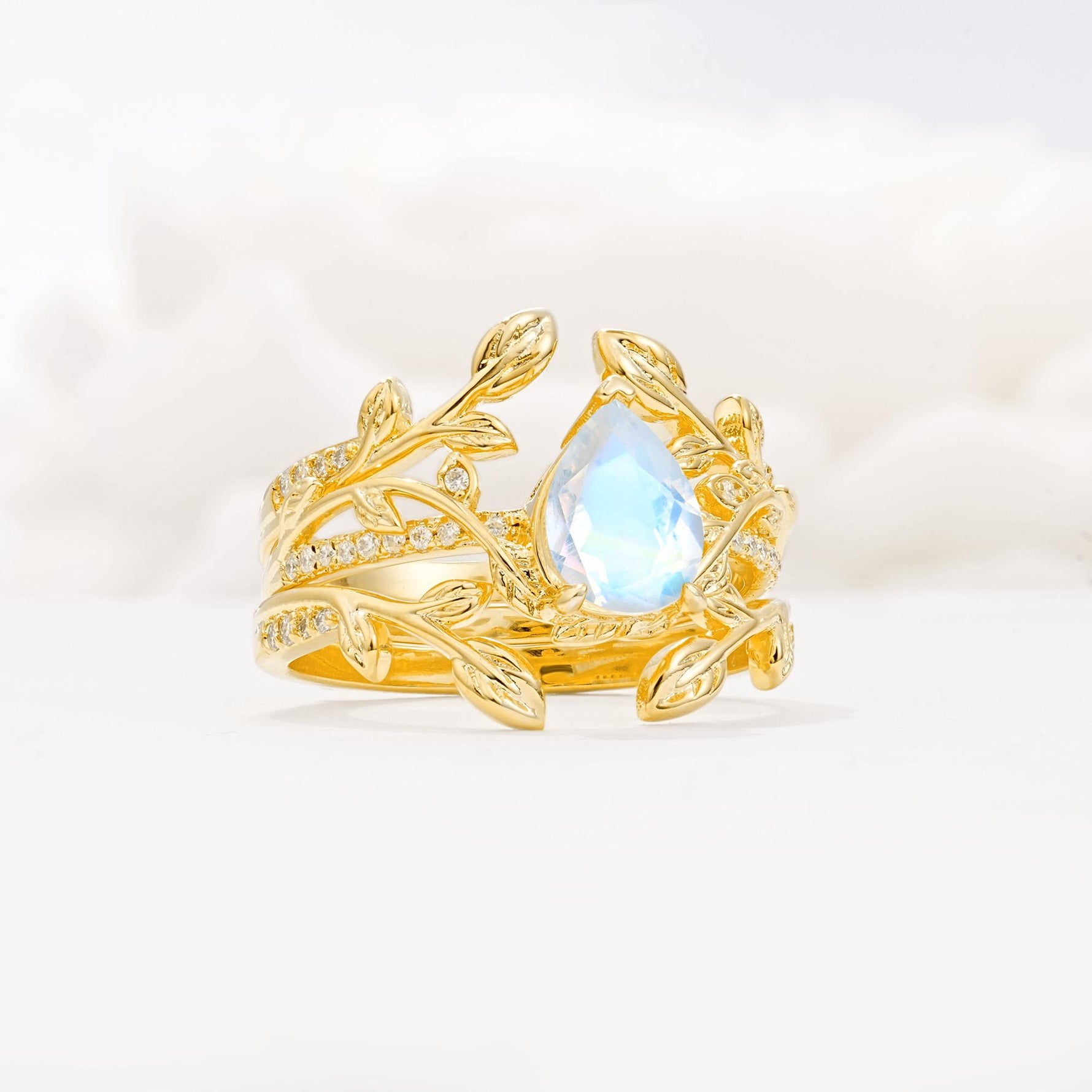 Pear Cut Moonstone Floral Engagement Ring Set - Rose-Gold