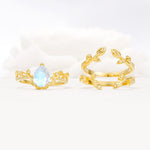Pear Cut Moonstone Floral Engagement Ring Set - White-Gold