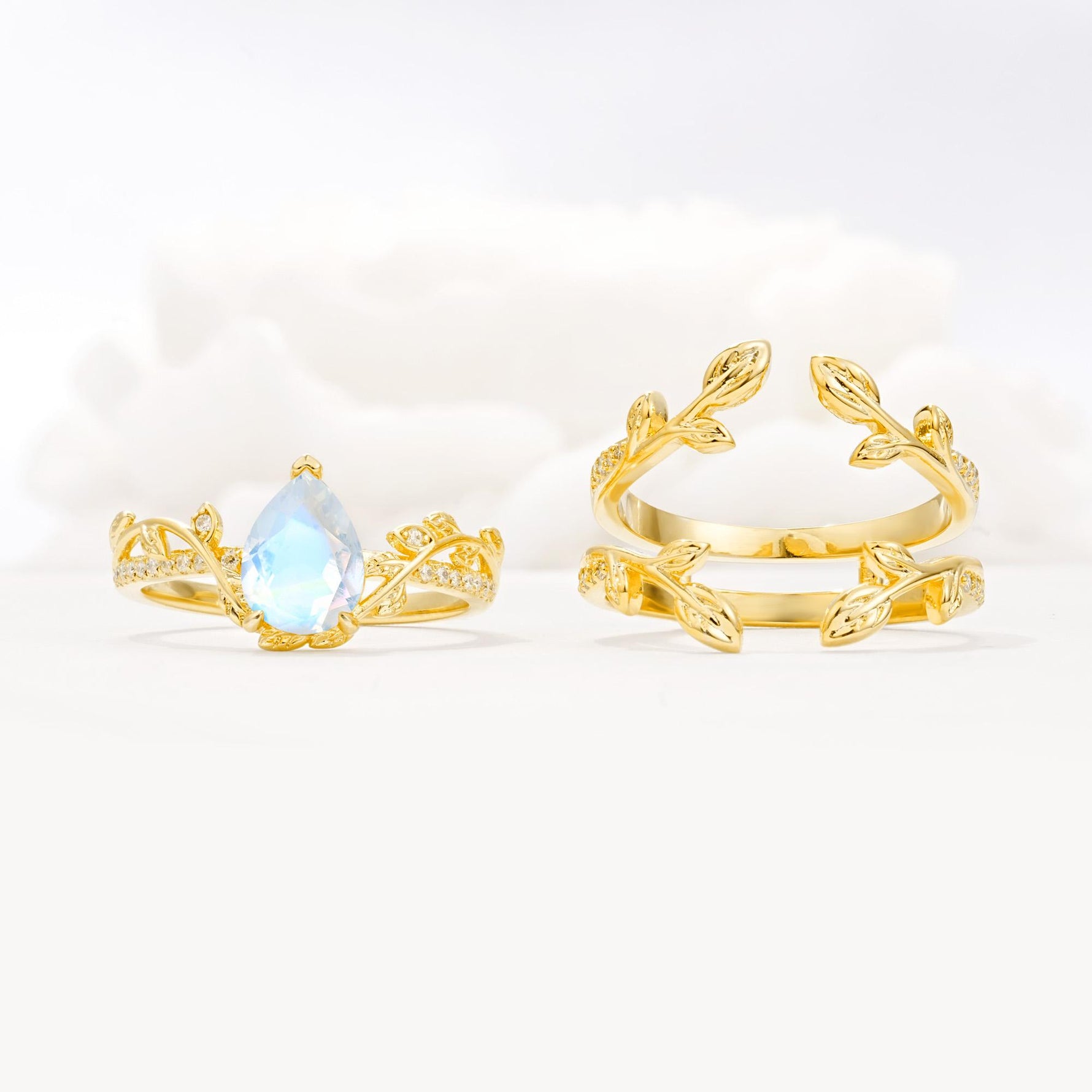 Pear Cut Moonstone Floral Engagement Ring Set - White-Gold
